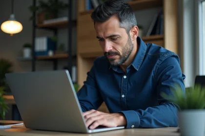 Homme utilisant les paramètres de sécurité de Windows 11 sur un laptop dans un bureau à domicile