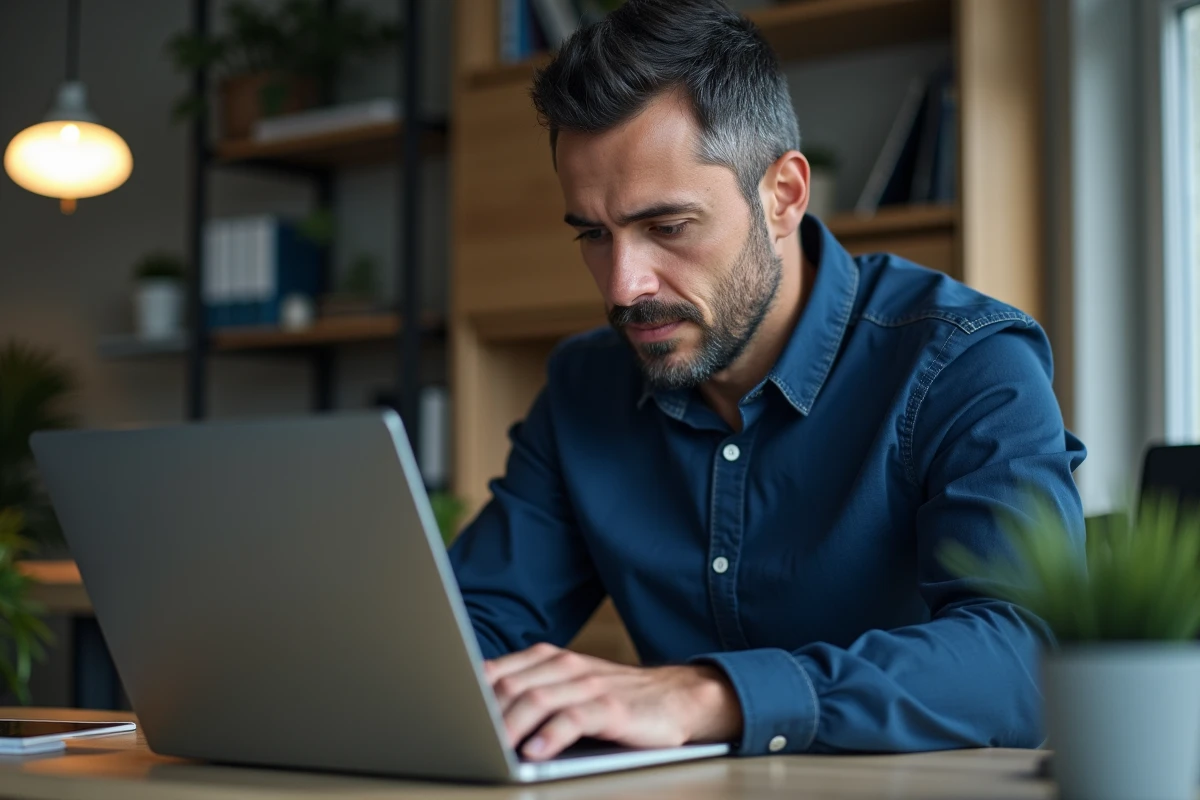 Homme utilisant les paramètres de sécurité de Windows 11 sur un laptop dans un bureau à domicile