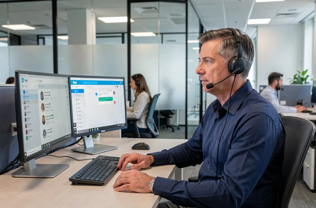 Homme en entreprise utilisant Skype sur un double écran dans un open space professionnel