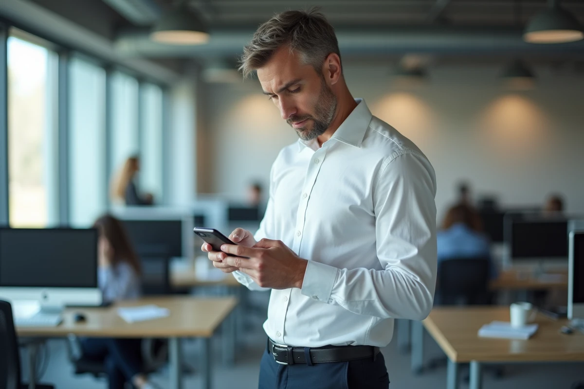 Homme en bureau consultant son smartphone de manière discrète, concept d'envoi de SMS anonyme en entreprise