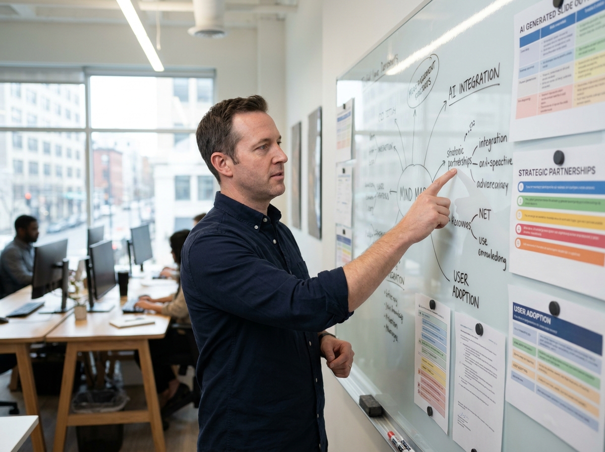 Homme debout devant un tableau blanc organisant des idées pour une présentation assistée par l'IA en open space