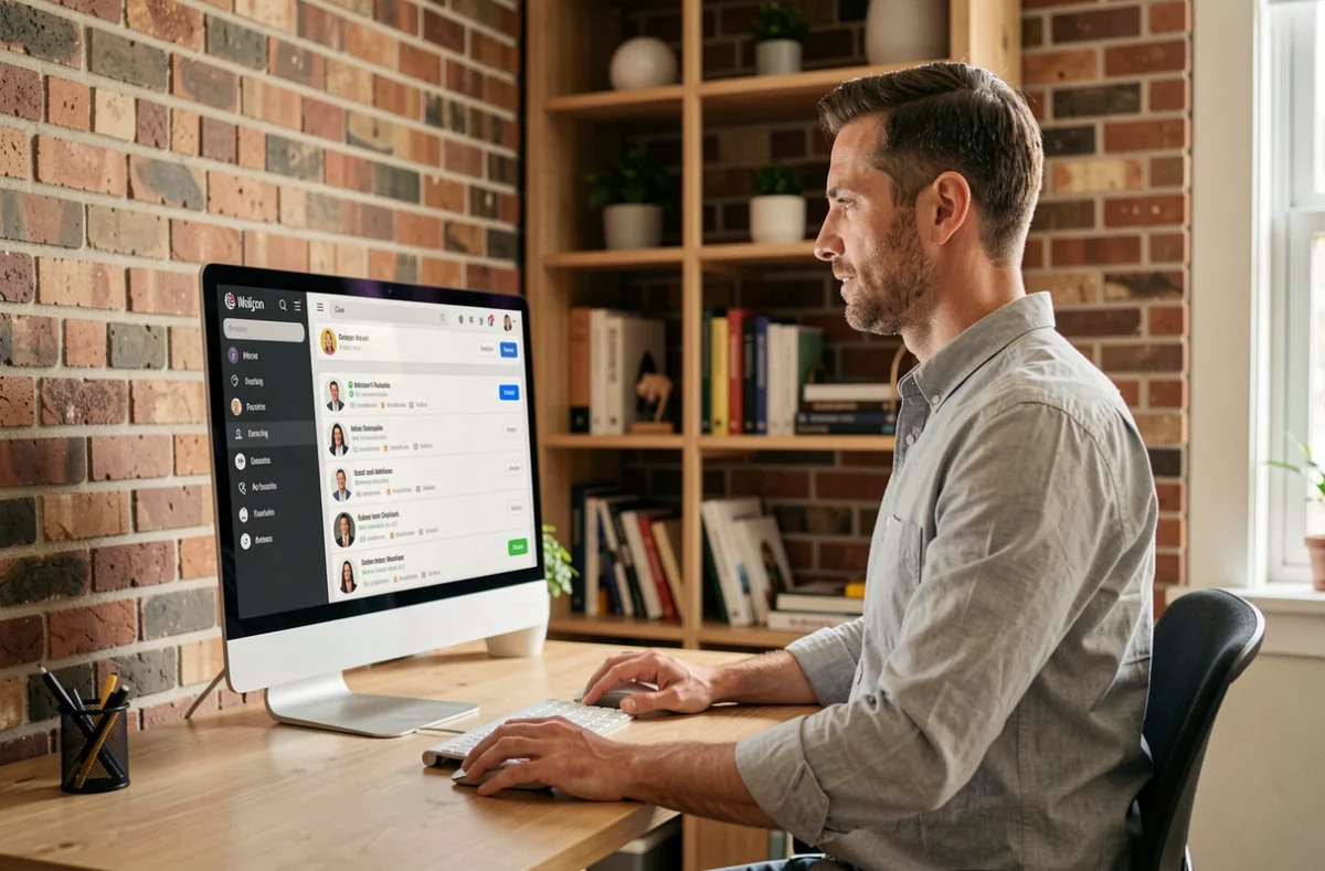 Homme en télétravail gérant plusieurs employeurs liés sur un espace personnel unique depuis son bureau à domicile