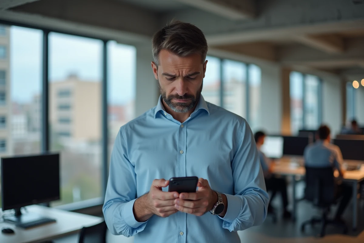 Homme consultant l'état d'un service webmail sur son smartphone dans un bureau moderne