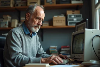 Homme d'âge mûr inspectant un vieux PC de bureau dans un bureau encombré avec des boîtes de logiciels anciens