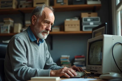 Homme d'âge mûr inspectant un vieux PC de bureau dans un bureau encombré avec des boîtes de logiciels anciens