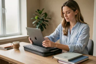Femme rangeant son ordinateur portable dans une housse antichoc grise sur un bureau en bois