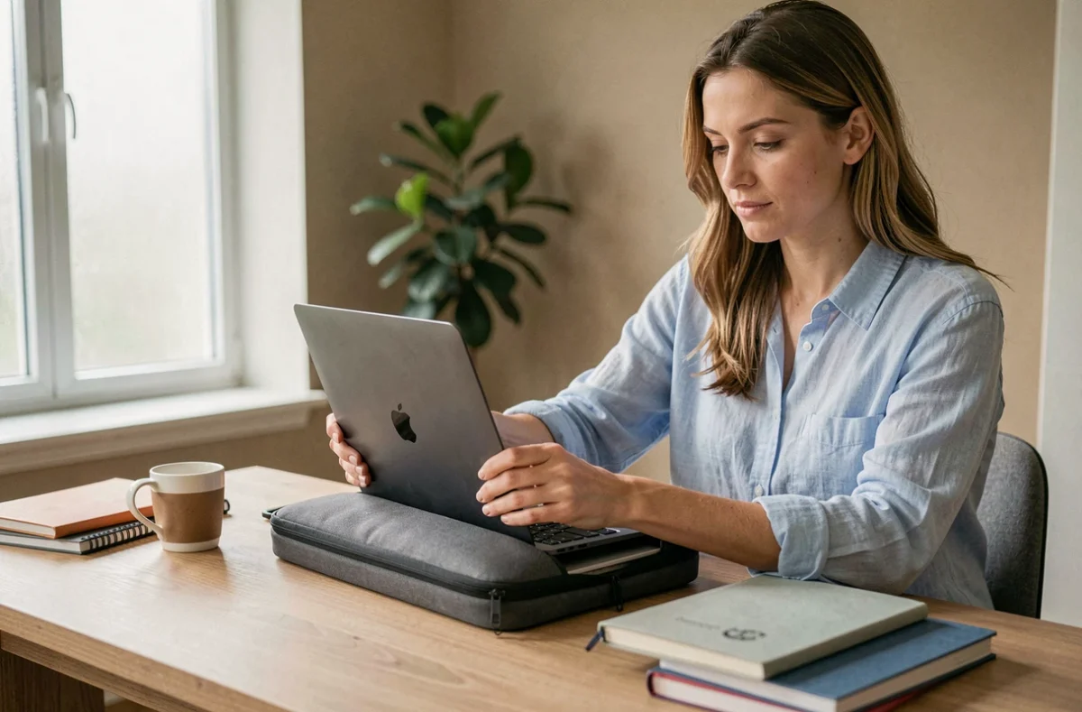 Femme rangeant son ordinateur portable dans une housse antichoc grise sur un bureau en bois