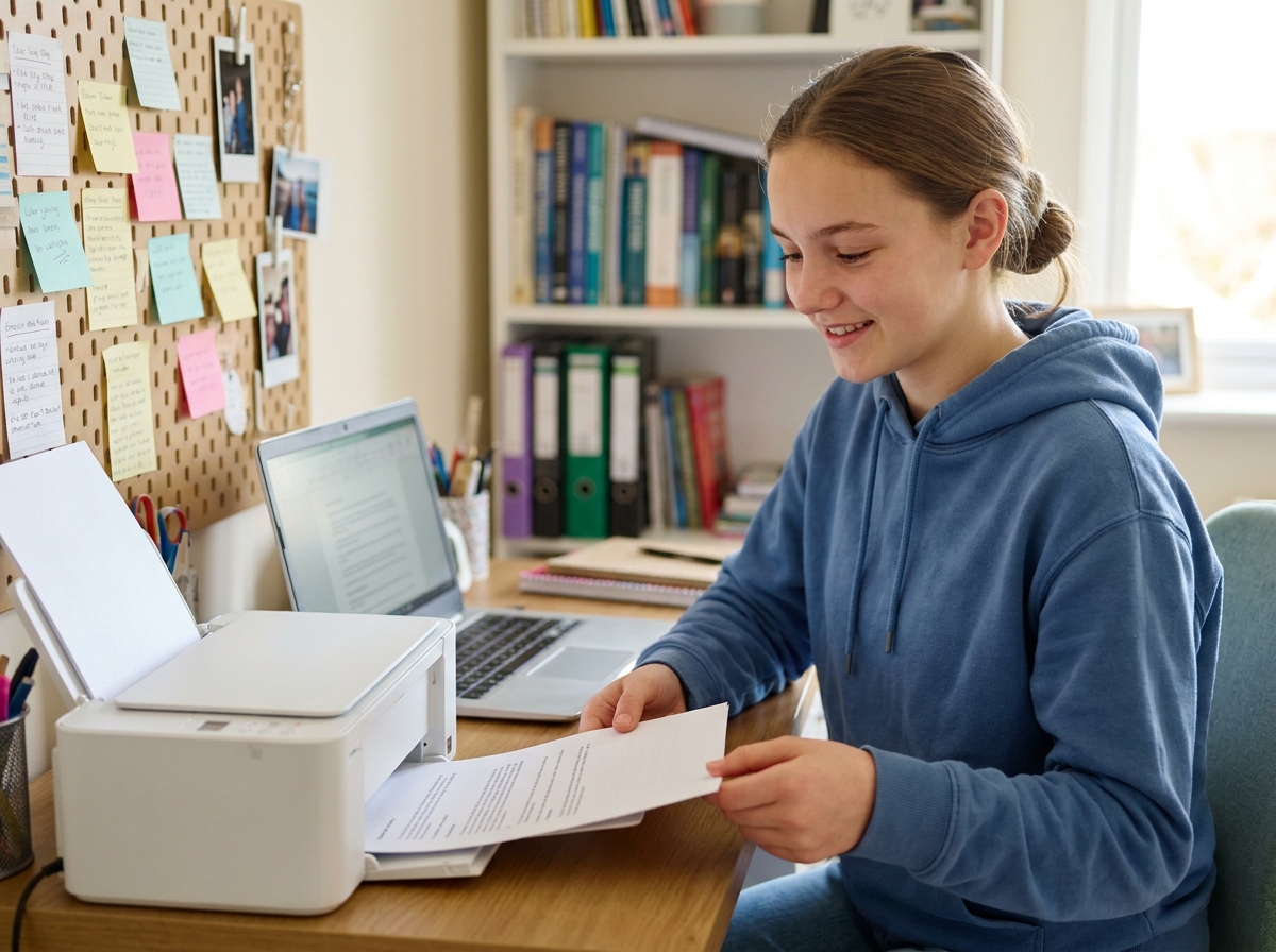 Adolescente récupérant un document imprimé depuis une petite imprimante dans sa chambre bureau