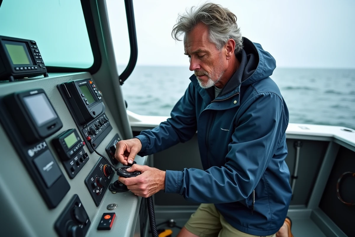 Marin installant un support RAM Mount sur la console d'un bateau de pêche