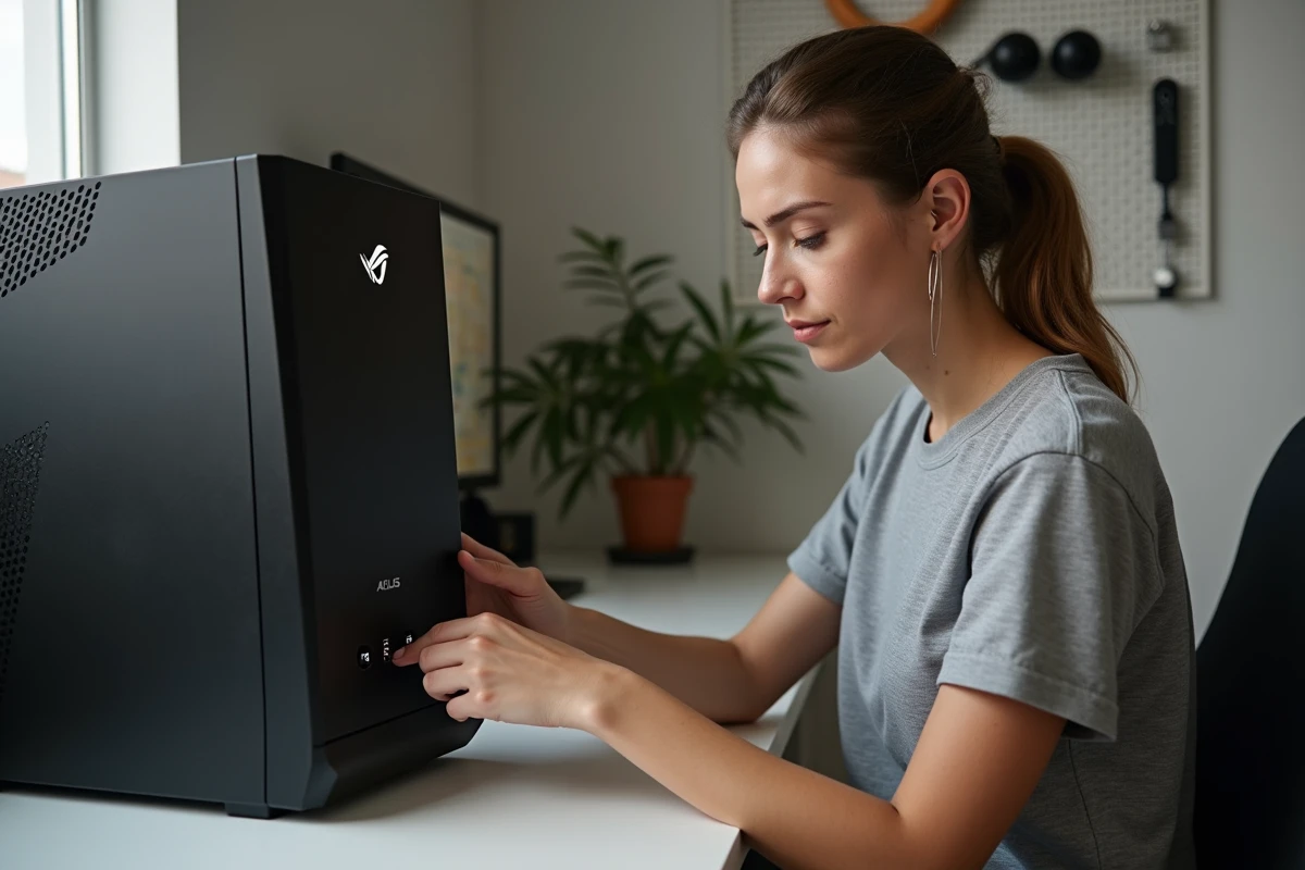 Femme insérant une clé USB bootable dans un PC AORUS pour démarrer l'installation de Windows