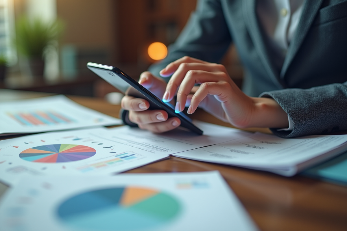 Main utilisant un smartphone avec documents SEO sur un bureau