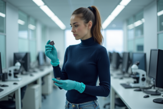 Jeune ingénieure en laboratoire examinant un chip neuromorphe