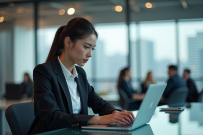 Jeune femme professionnelle travaillant sur un ordinateur dans un bureau moderne