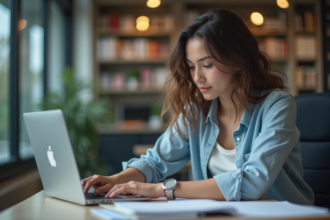 Jeune femme concentrée sur son ordinateur dans un bureau moderne