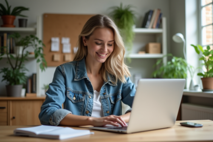 Jeune femme concentrée travaillant sur un ordinateur dans un bureau moderne