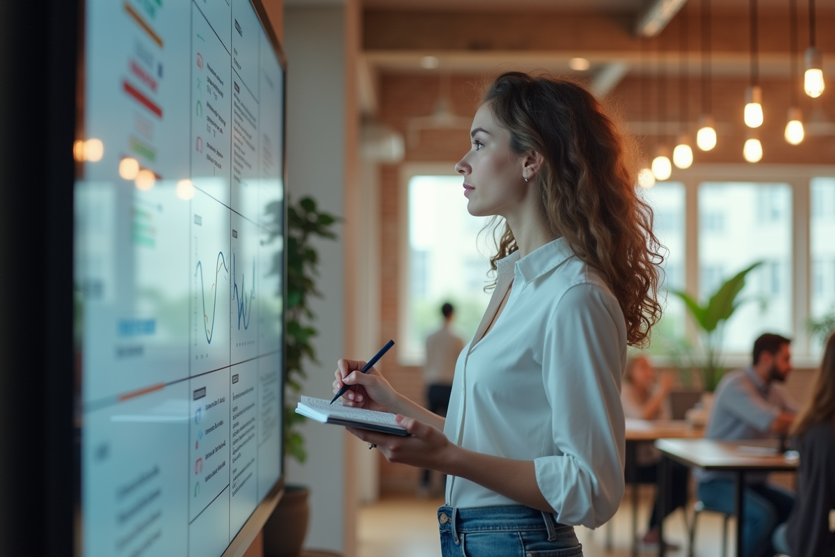 Jeune femme prenant des notes devant un écran de stratégie SEO