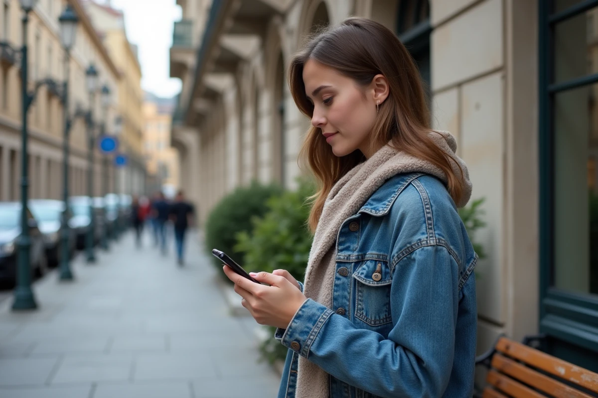 Jeune femme en denim regarde son smartphone en ville