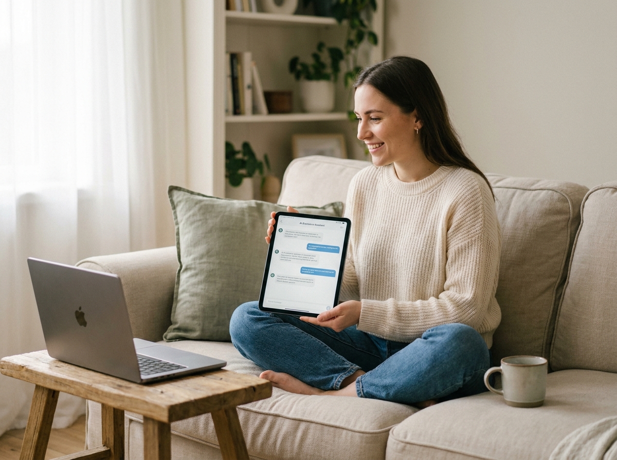 Jeune femme utilisant une tablette et un laptop pour préparer une présentation avec l'aide de l'IA depuis chez elle