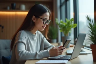 Jeune femme lisant des actualites tech dans un bureau moderne