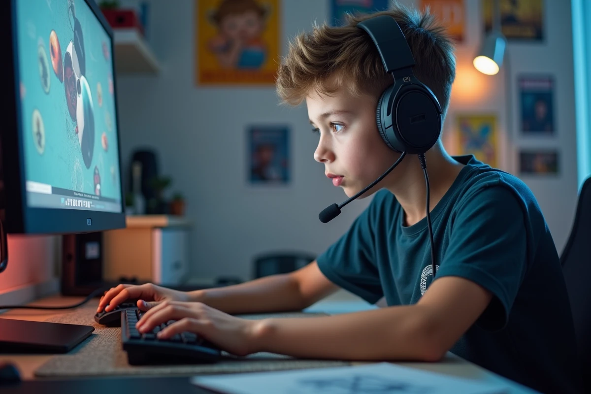 Jeune garçon concentré jouant en gaming dans sa chambre