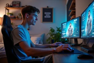 Jeune homme concentré à son bureau gaming moderne