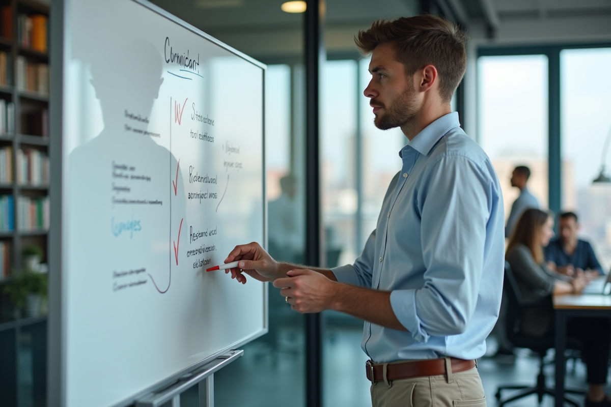 Jeune homme expliquant un diagramme SEO sur un tableau blanc