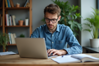 Jeune homme en bureau comparant logiciels sur ordinateur