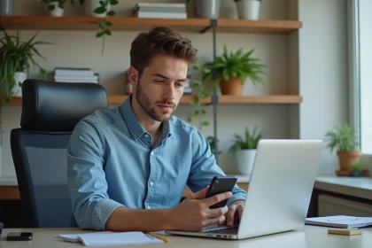 Jeune homme concentré travaillant sur son ordinateur dans un bureau moderne