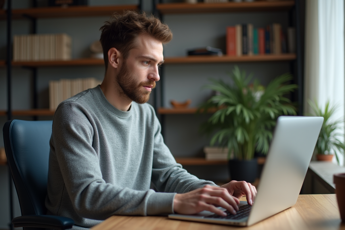 Jeune homme concentré travaillant sur un ordinateur portable dans un bureau moderne