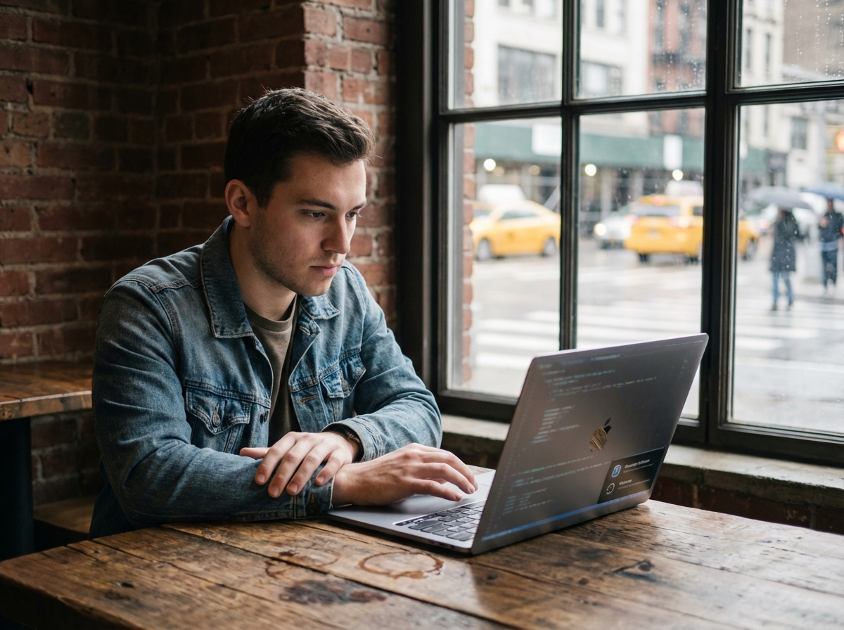Homme utilisant un MacBook pour récupérer des données