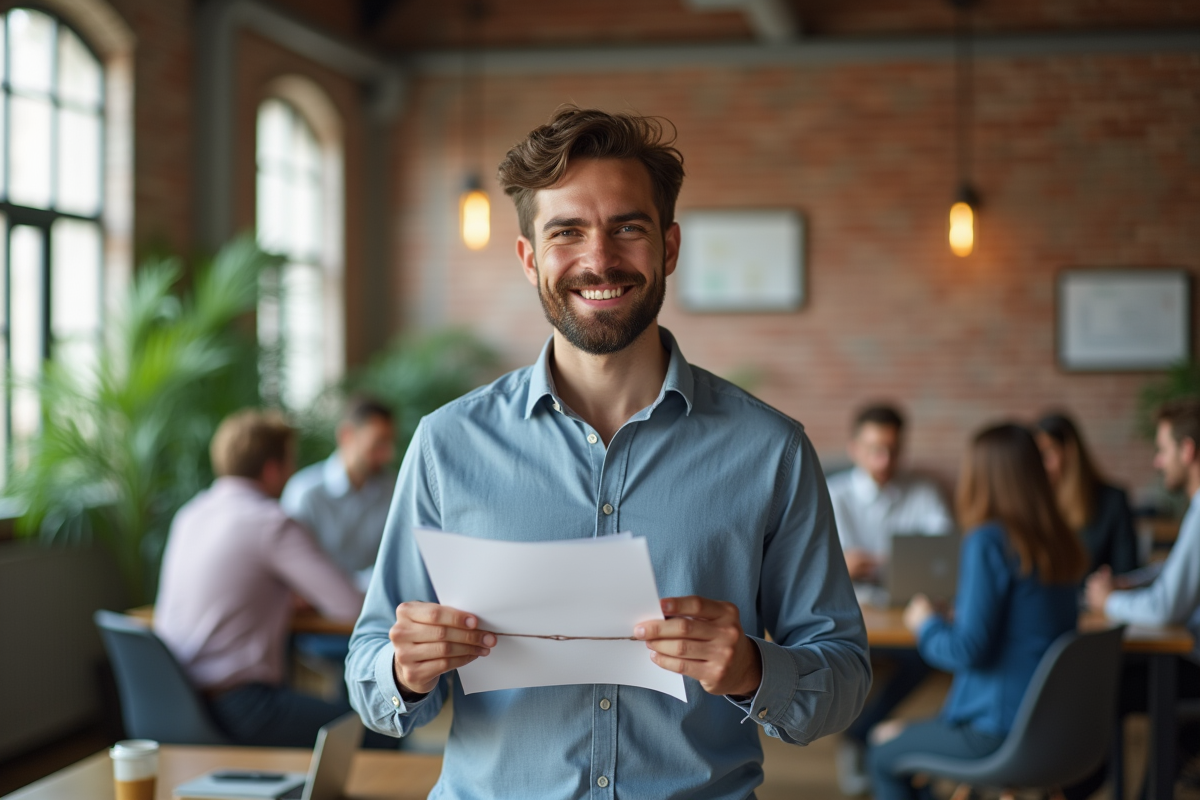 Jeune homme présentant des connexions entre documents papier