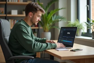 Jeune homme convertissant une vidéo sur son ordinateur portable