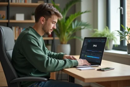 Jeune homme convertissant une vidéo sur son ordinateur portable