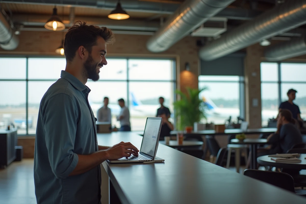 Jeune homme souriant dans espace de pause lumineux