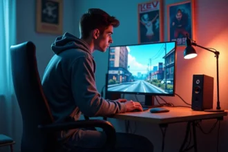 Jeune homme concentré jouant à GTA V dans sa chambre