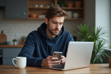 Jeune homme en cuisine utilisant son ordinateur portable