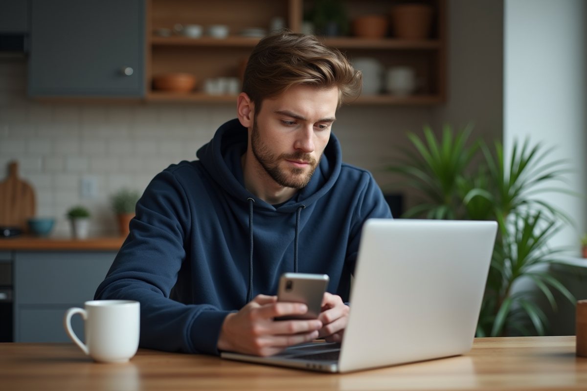 Jeune homme en cuisine utilisant son ordinateur portable
