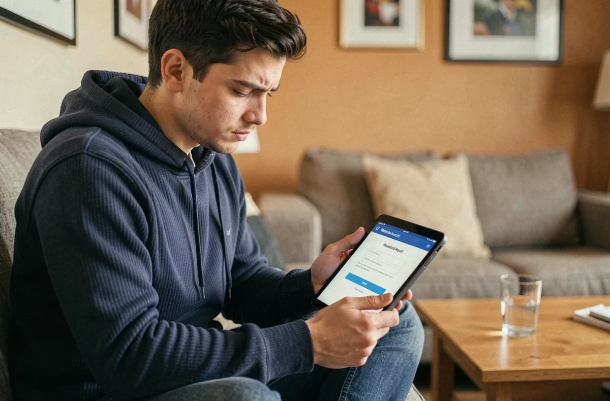Jeune homme résolvant un problème de mot de passe webmail sur une tablette depuis son salon