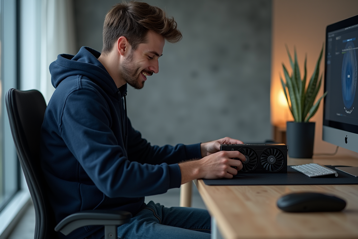 Jeune homme déballant une carte graphique neuve dans un appartement moderne
