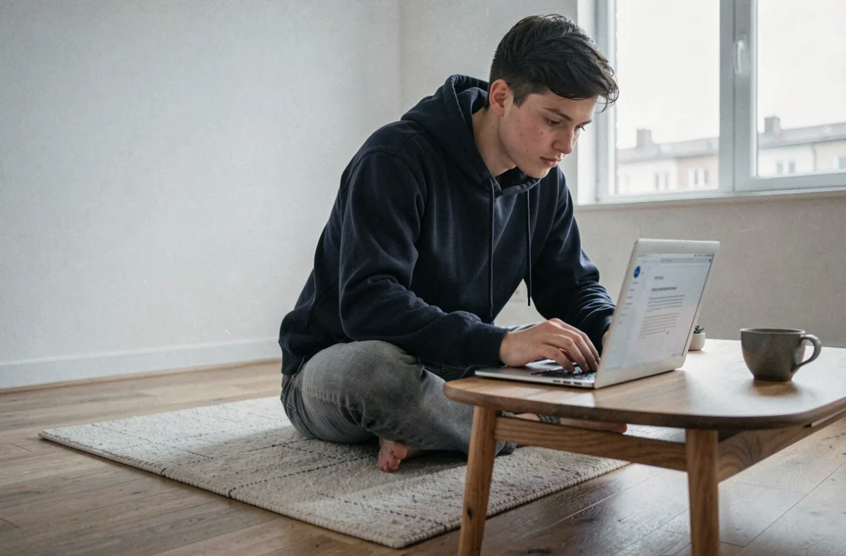 Jeune personne tapant sur un clavier d'ordinateur portable posé sur une table basse dans un salon de style scandinave