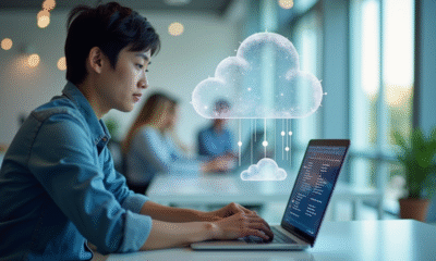 Jeune professionnel travaillant sur un ordinateur dans un bureau lumineux avec icônes nuage