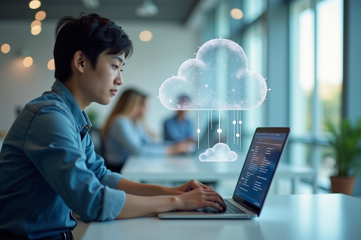 Jeune professionnel travaillant sur un ordinateur dans un bureau lumineux avec icônes nuage