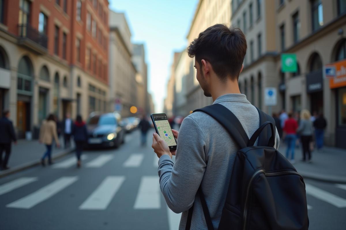 Jeune professionnel utilisant Google Maps en ville dynamique