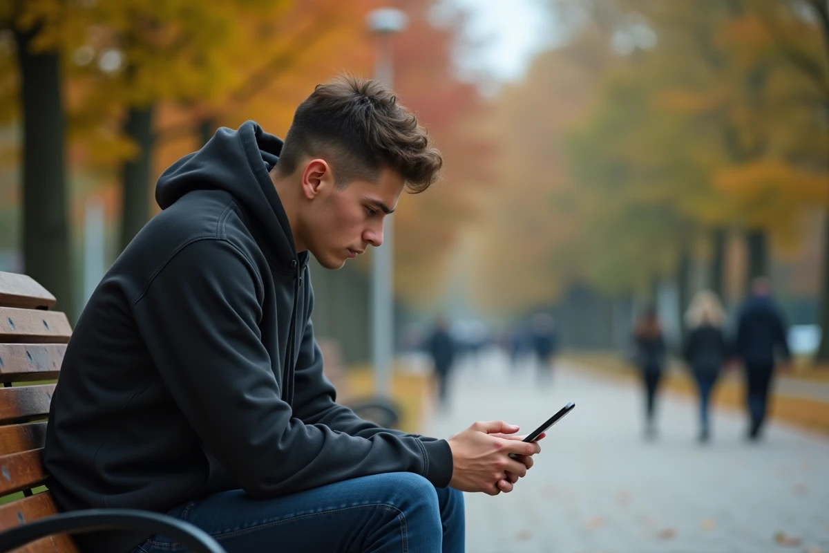 Jeune adulte assis dans un parc urbain consultant une application de messagerie sur smartphone, thème des SMS en numéro masqué