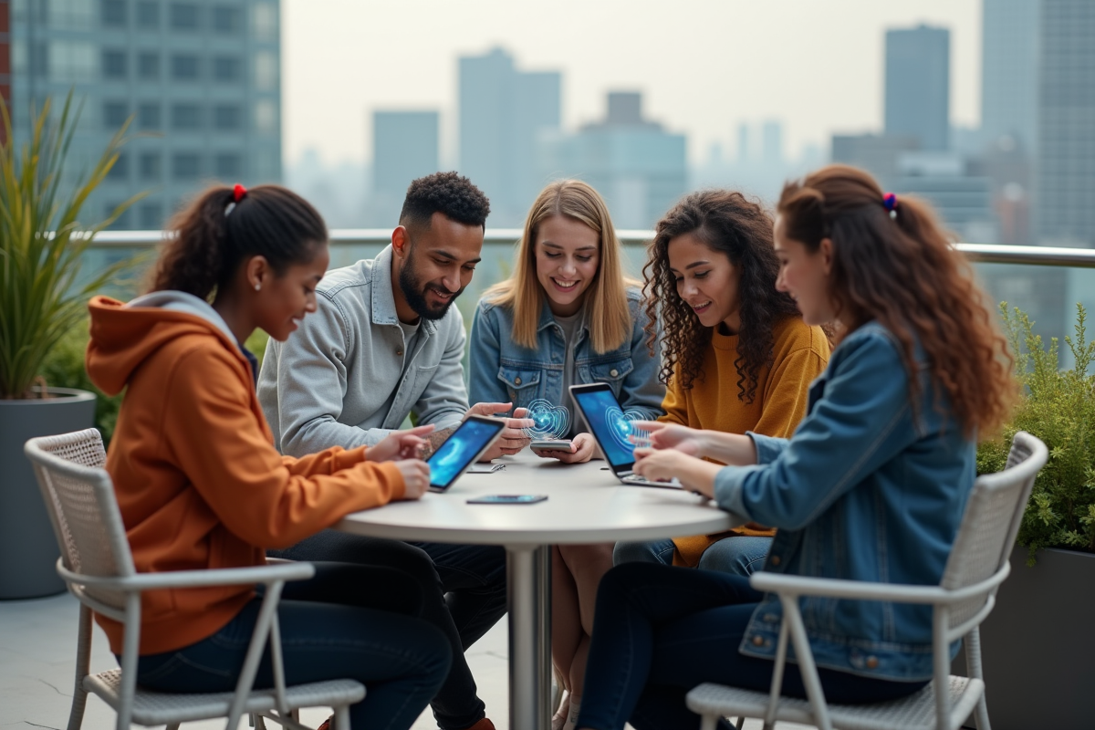Groupe de jeunes adultes avec tablettes dans un café urbain