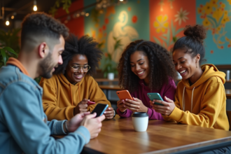 Groupe de jeunes adultes au café utilisant leurs smartphones