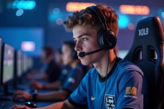 Jeune homme en jersey gaming et casque en compétition esports