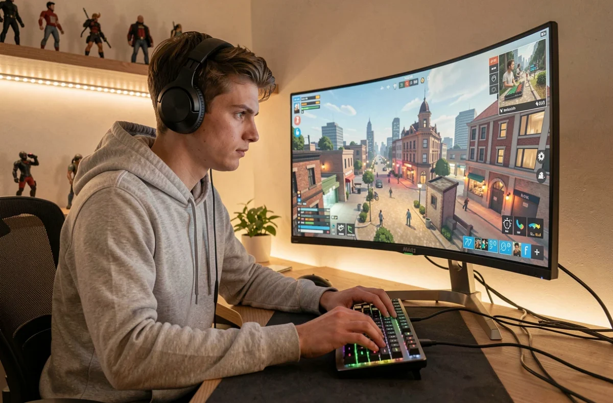 Joueur de GTA FiveM RP concentré devant son setup gaming avec un serveur roleplay ouvert à l'écran