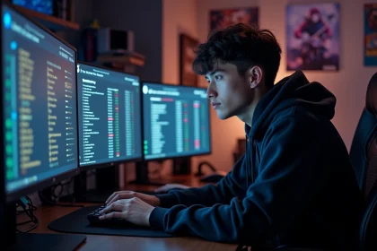 Joueur concentré devant une liste de serveurs Cfx avec des valeurs de ping affichées sur plusieurs écrans