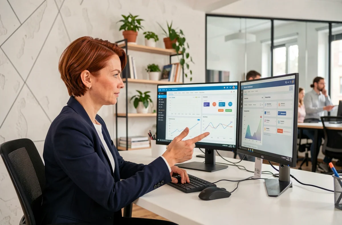 Consultante en stratégie IA et visibilité digitale travaillant sur des tableaux de bord SEO dans les bureaux de l'agence Keyweo à Rennes